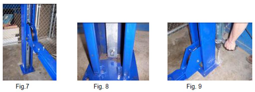 Unbolt the safety rack inside the bottom of each column. FIG. 4 Insert the end of the crossbars into the columns.