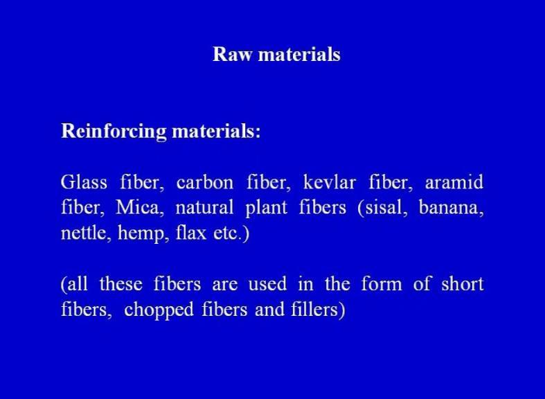 (Refer Slide Time: 10:20) What are the raw materials, which are used. In raw materials, we have glass fiber which are the common raw materials which are used in making of polymeric matrix composites.