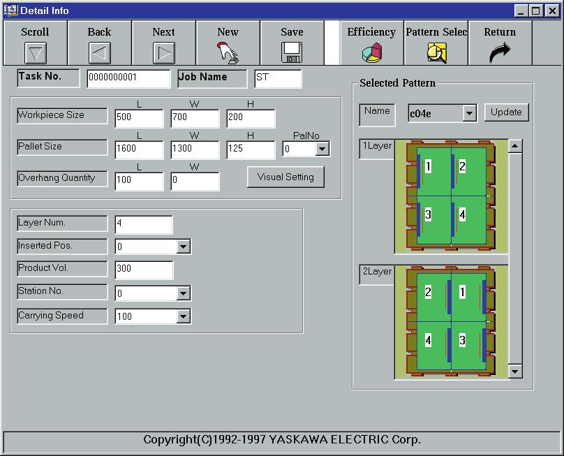 ROTSY-PAL is run in Windows environment on a standard PC. Just input the required data (workpiece size, pallet size, palletising pattern, etc) in the ROTSY-PAL software.