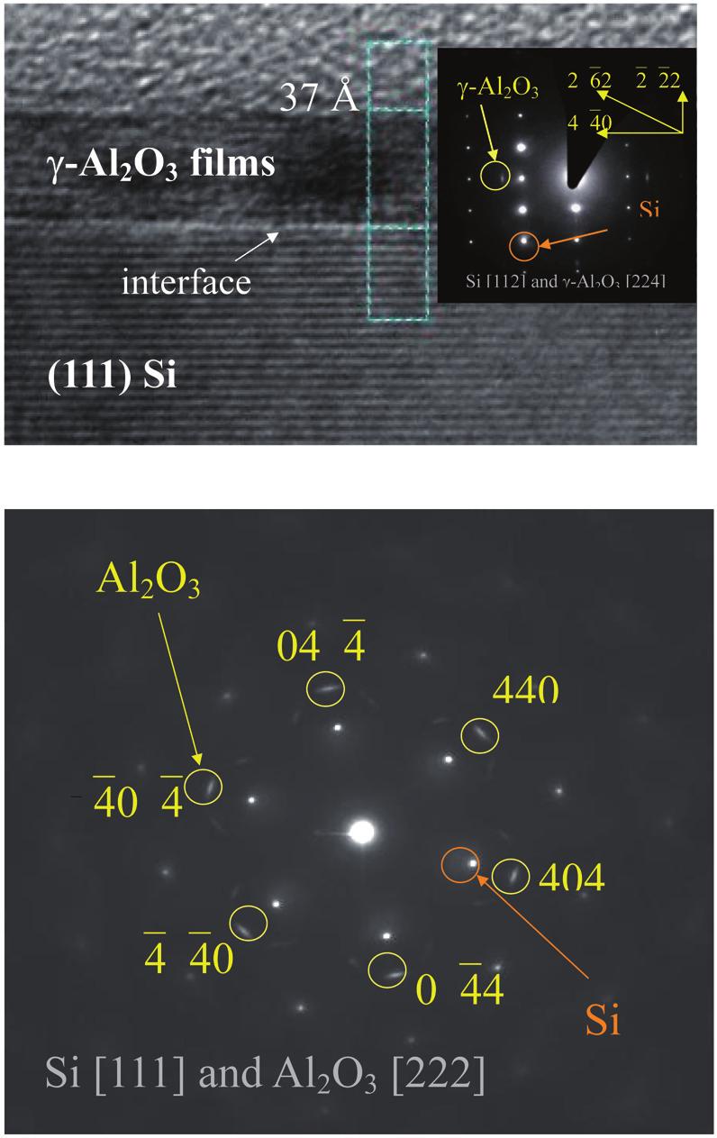 Electron diffraction patterns from the plan-view of the hetero-structure (Fig. 3 (b)) show Si (111) // Al2O3 (222), Si [220] // Al2O3 [440].