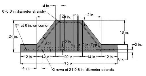 The third section is a span of 60 ft beam with 72 in. width and depth of 24 in. It has a total of 48 strands of 0.6 in. diameter strands with 42 at bottom and 6 at top as shown in Figure 9.