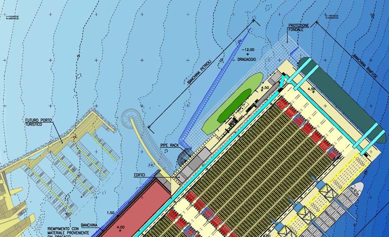 APMT VADO The Platform OIL QUAY Quay Length: 330 m Width: 20 m Level: 4.5 m m.s.l. Depths Minimum dredged level: -12 m m.