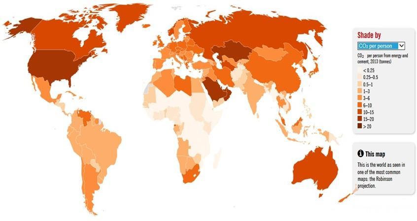 Global Carbon Map All Nations CO2 per person 2013 (tonnes)