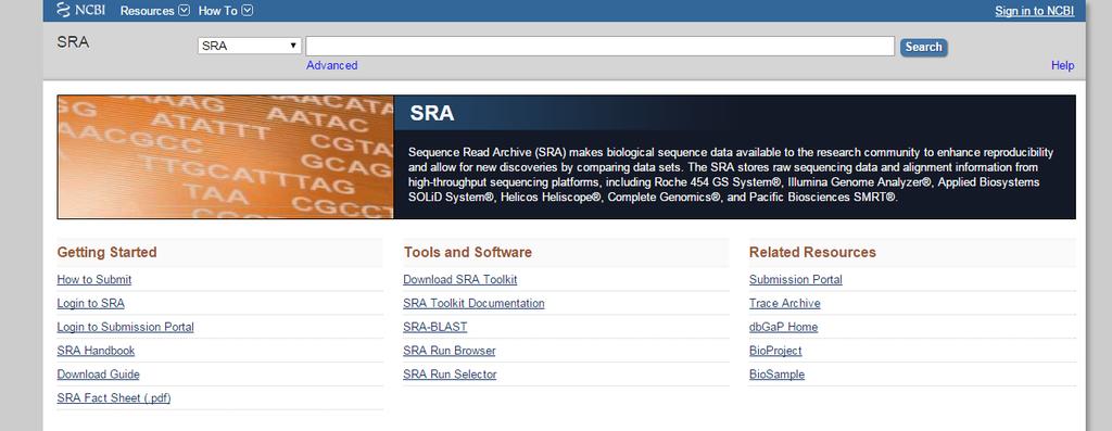 SRA database Stores raw and aligned sequence data from NextGen sequencing platforms