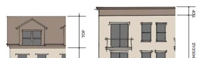 and/or variation on upper portion of a structure from siding; or c) architectural detailing.