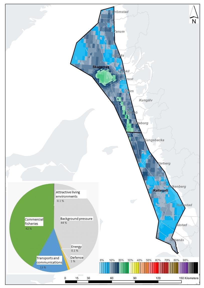 Swedish Agency for Marine and Water Management 2018 Figure 24 The total cumulative environmental effect in the Skagerrak and Kattegat marine spatial planning area.