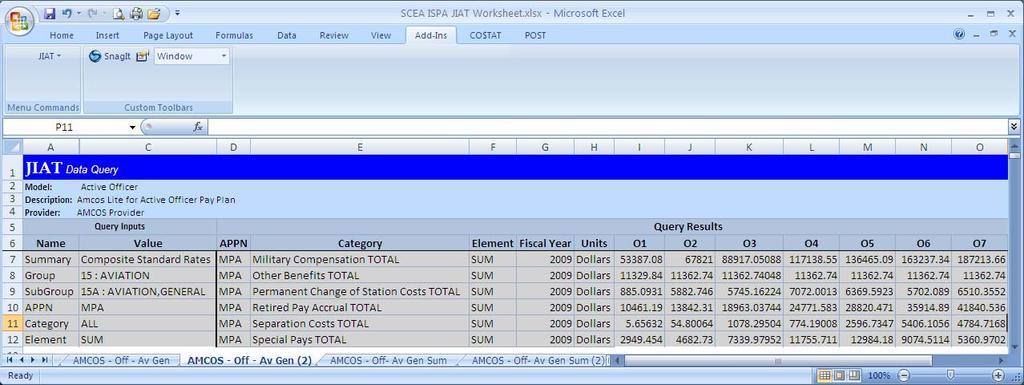 AMCOS data query results provided directly in Excel worksheet