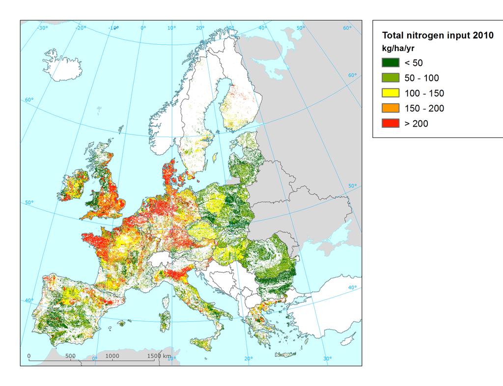 Mapping the Pressures Total nitrogen input to agro-ecosystems (cropland and grassland) for