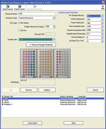 The 7696A WorkBench Software includes a color-coded Resource Manager Screen that lets you specify sample prep resources on trays and turrets, set default dispensing parameters, and keep track of