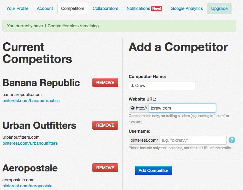 Add Competitors With a Lite or Pro plan, you can keep an eye on the competition. To add a competitor, click on the Competitors tab from your settings, enter their name, URL and Pinterest username.