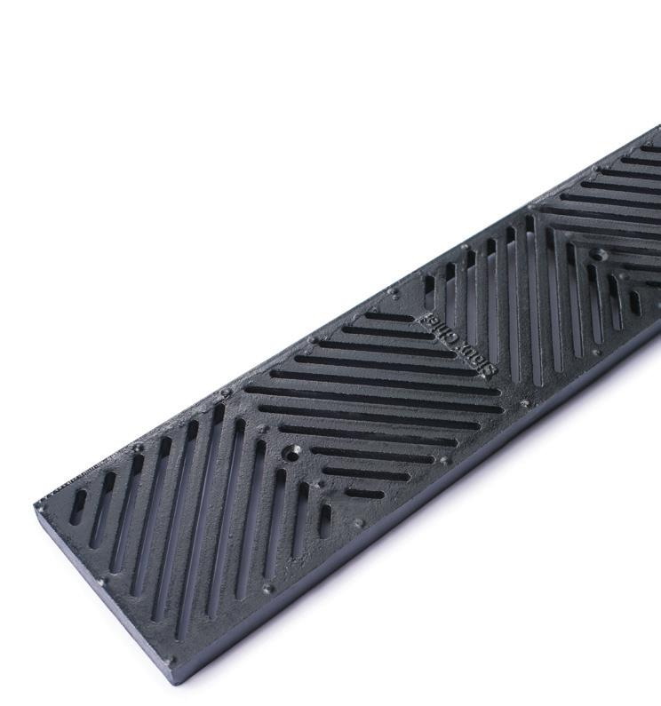 Grate Options Slotted Ductile Iron Load Class D400* (DIN EN 1433) Enamel-coated ductile iron material. Heavy duty applications, forklift and commercial vehicle traffic at less than 15 mph.