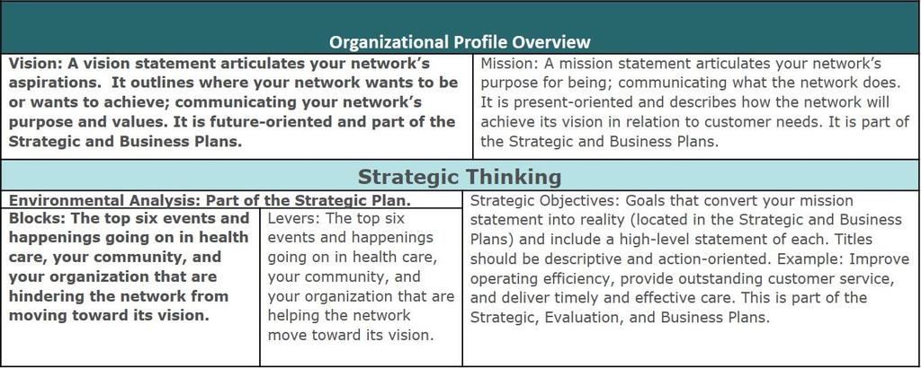 ORGANIZATIONAL PROFILE The organizational profile is a starting point for self-assessment as it helps the network leader carefully consider and understand the systems of the network organization by