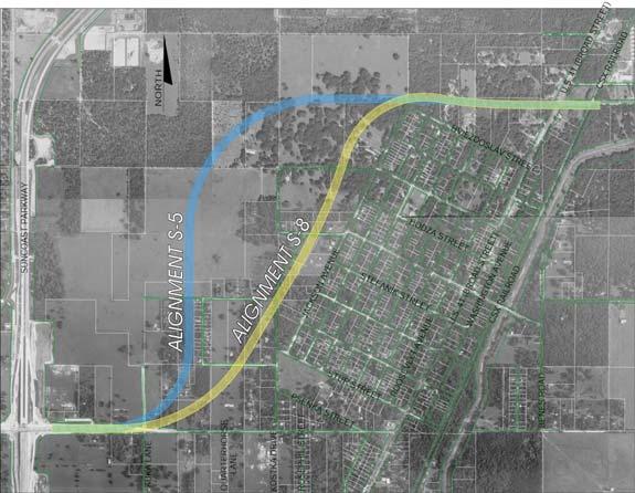FIGURE 2-2 AYERS ROAD EXTENSION ALIGNMENTS The typical section recommended in this study and approved by Pasco and Hernando Counties, is a four-lane divided suburban