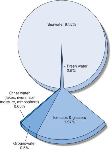 Distribution of Water Approx. 2.5% of water on earth is freshwater 2% of this in the form of ice Only ~0.