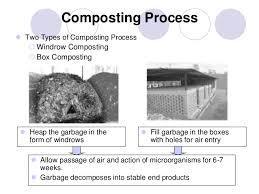 Landfilling Windrow composting Open burning Dumping into sea Ploughing in field Salvaging Hog feeding 1. Composting Composting is a method of municipal waste treatment.