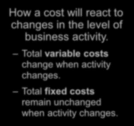 Cost Classifications for Predicting Cost Behavior How a cost will react to changes in the level of business