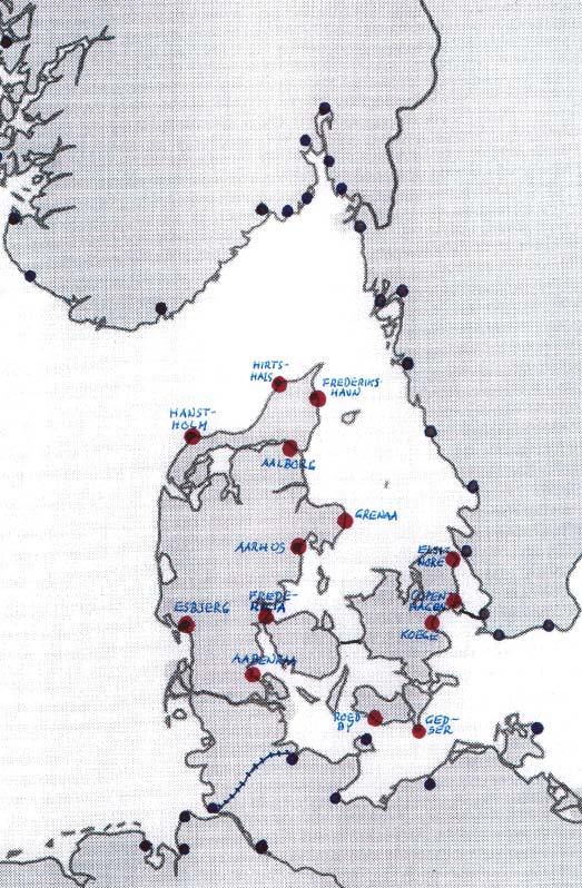 Figure 1: Location of Danish ports handling unitised goods in international traffic Three minor Danish ports (Roenne, Havneby, Hundested) are included in the SUTRANET databases, in order to provide a