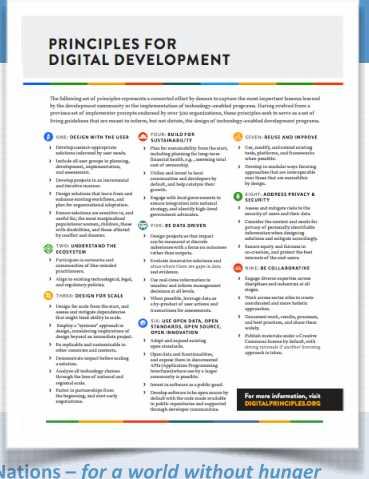 Principles for Digital Development 1. Design with the User 2. Understand the Existing Ecosystem 3. Design for Scale 4. Build for Sustainability 5. Be Data Driven 6.