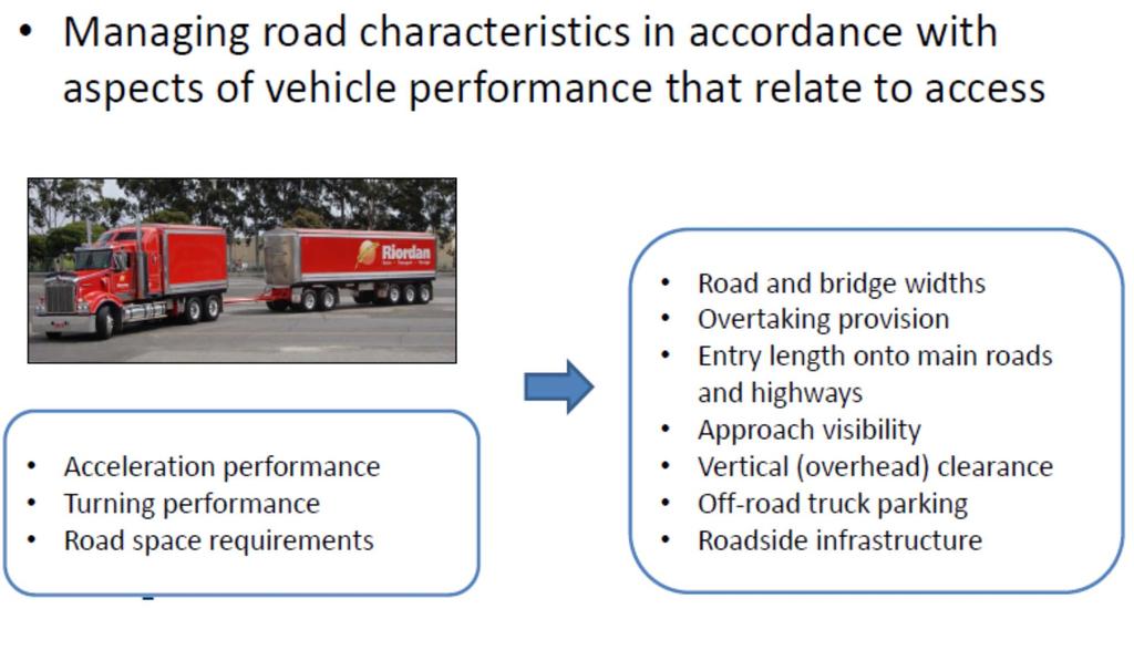 Matching vehicles to roads Managing road characteristics in accordance with aspects of vehicle performance that relate to access Acceleration performance Turning performance Road space