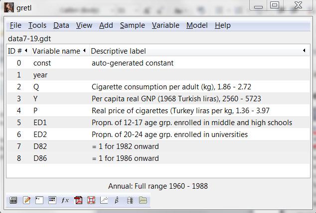 Econometric Analysis Dr. Sobel Econometrics Application to the Law of Demand: 1. Read in the Sample Data Set Ramanathan data7-19 Demand for cigarettes in Turkey OPENING RAMANATHAN SAMPLE DATA 7-19: 2.