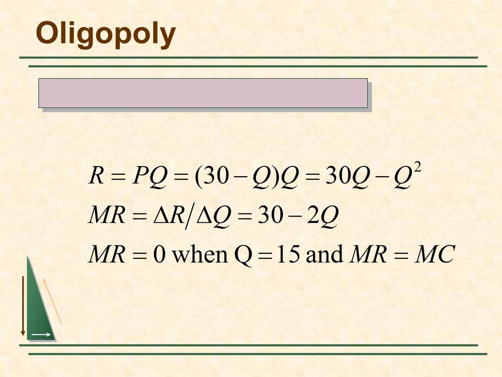 Oligopoly Profit Maximization with Collusion R PQ (30 Q) Q