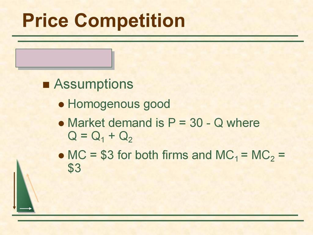 Price Competition Bertrand Model Assumptions Homogenous good Market demand is P = 30