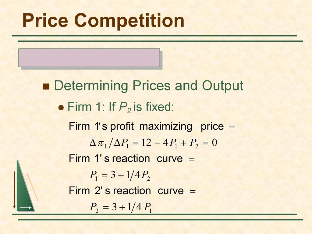 Price Competition Differentiated Products Determining Prices and Output Firm 1: If P 2 is fixed: Firm 1' s profit