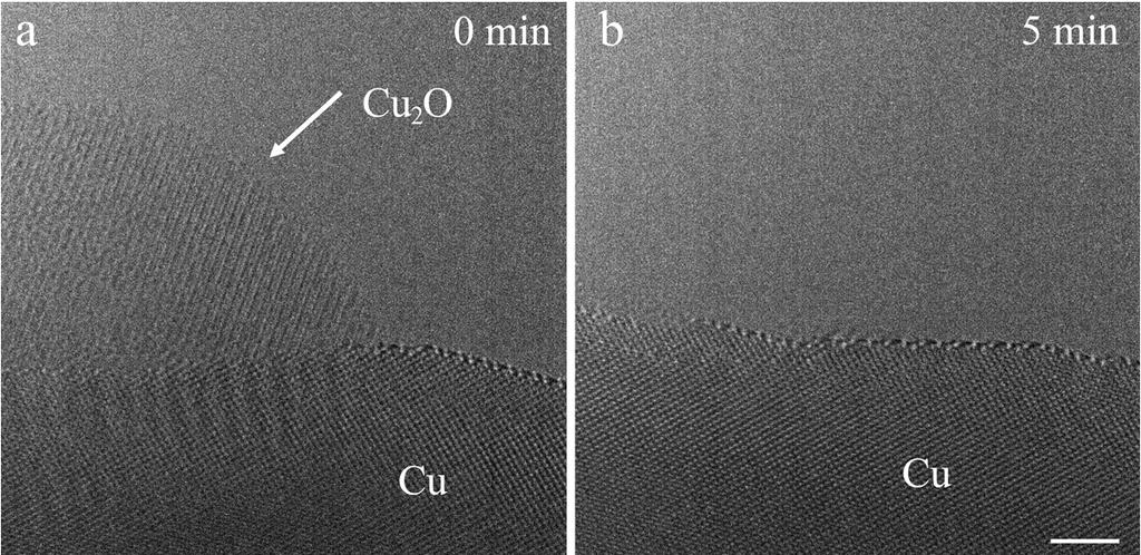 179 Supplementary Note 8. Excluding e-beam effect on the metal-oxide interface reduction 180 181 182 183 184 Supplementary Figure 9: Cu 2 O reduction with low electron beam dose.