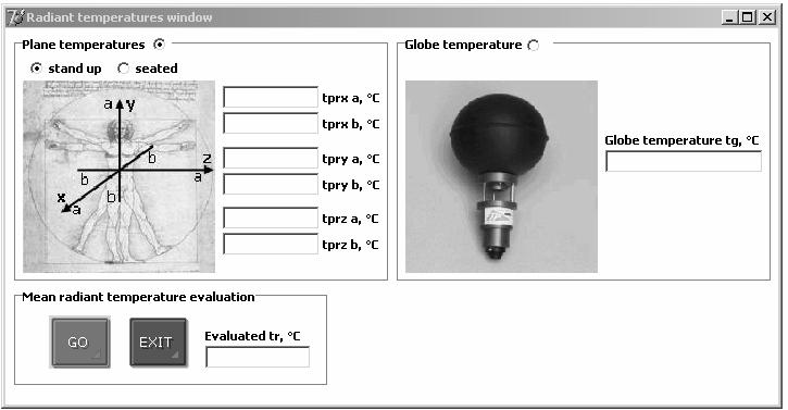 Figure 2 - Mean radiant temperature evaluation window. as alternative to the relative humidity: the partial pressure of vapour in the air, p a, the wet bulb temperature, t w, or the humidity ratio.