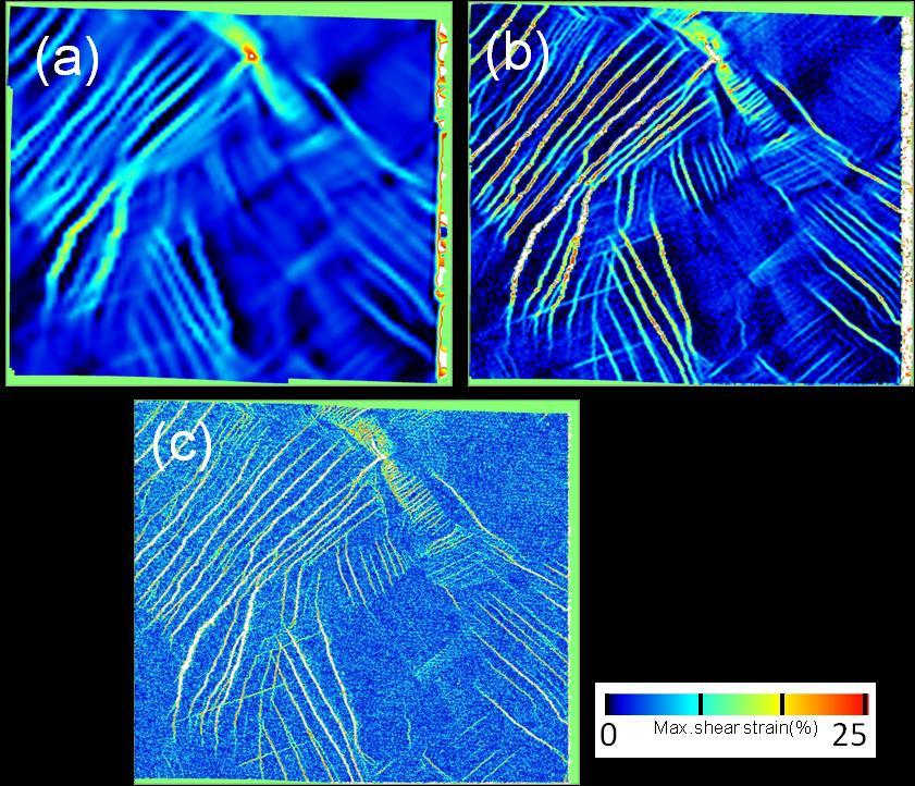 parameters enable fine slip traces with low strain heterogeneity to be observed as well as deformation features with high strain heterogeneity.