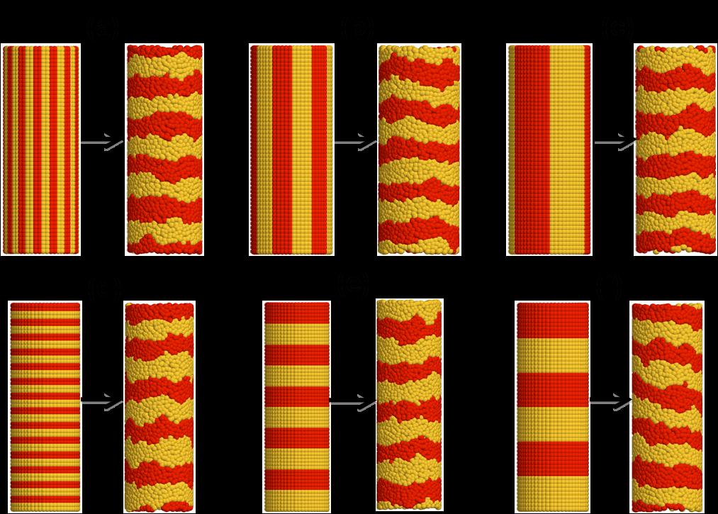 Figure SI4: Phase separation in mixtures of long (7-bead, yellow) and short (4-bead, red) surfactants grafted