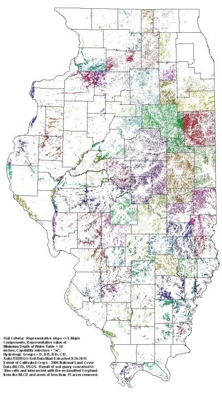 Potential for DWM in Illinois Mapping assumptions: Flat cropland Likely to be tile drained Minimum15 acre parcels Simplification: land