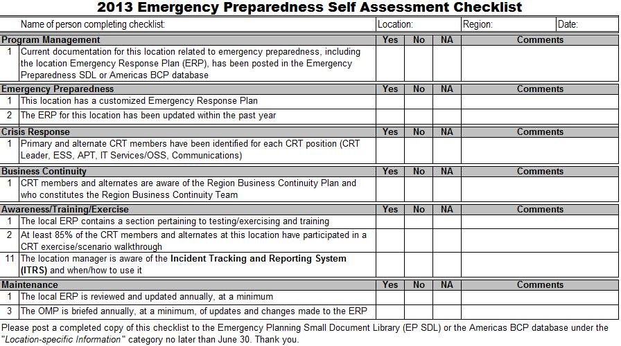 LOCATION: Emergency Preparedness Self Assessment