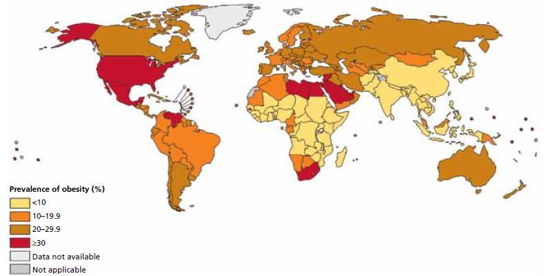 Prevalence of obesity (2008) 1.5 billion adults Notes: Data refer to adults of both sexes aged 20+, age standardized, in 2008.