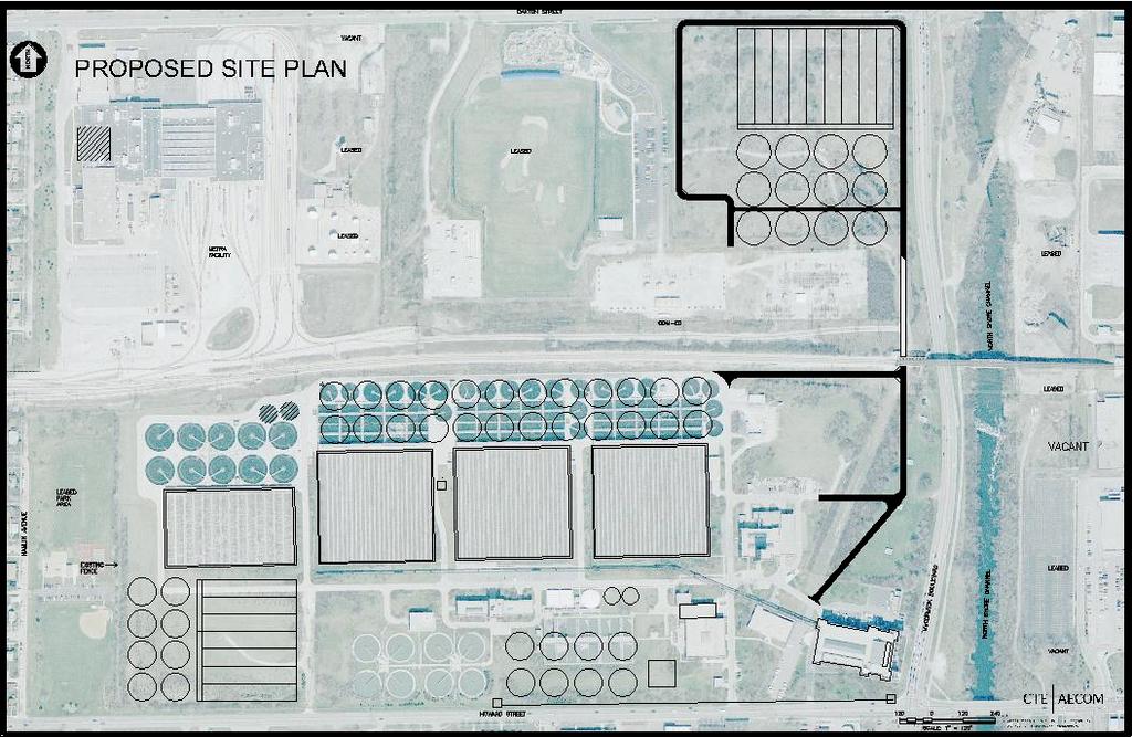 Proposed Site Plan to Year 2026 New Battery E New Road Demolition/Decommission New Final Settling Tanks @ 130 Dia. Each (8 Typ.) Phase I Phase II Phase III New Primary Settling Tanks @ 130 Dia.