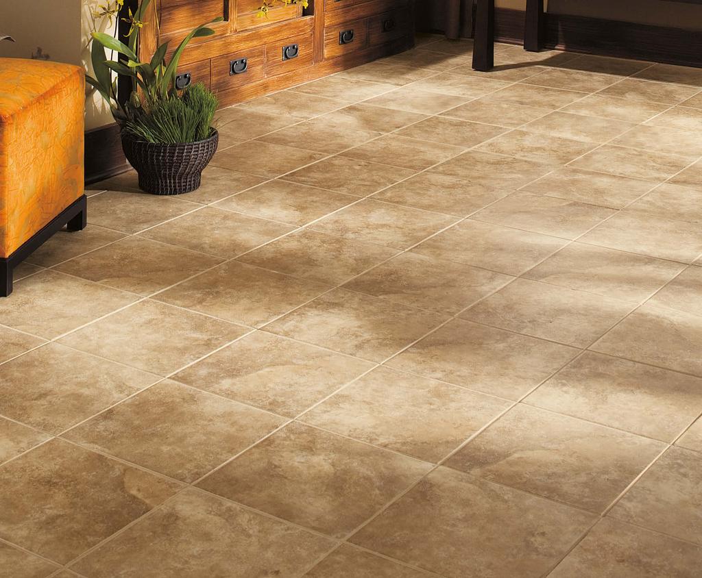 Cover photo features Marrone Chiaro 12 x 12 field tile on the floor with coordinating 10 x 14 wall tile on the wall. Above photo features Marrone Chiaro 12 x 12 field tile on the floor.
