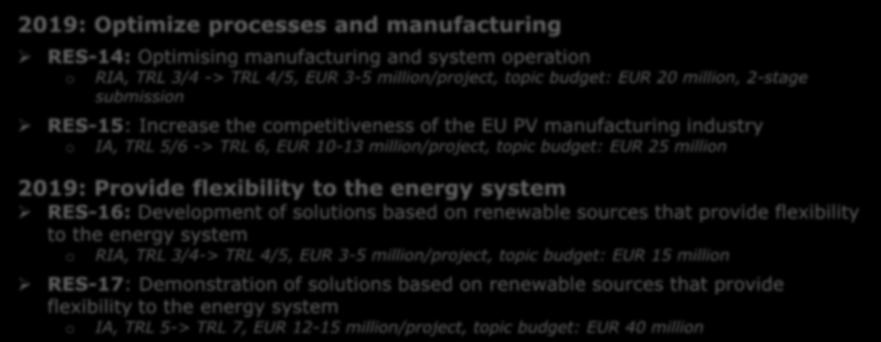for combined heat and power (CHP) generation and their integration in the EU's energy system o IA, TRL 5 -> TRL 7/8, EUR 15-20 million/project, topic budget: EUR 30 million RES-13: Demonstrate
