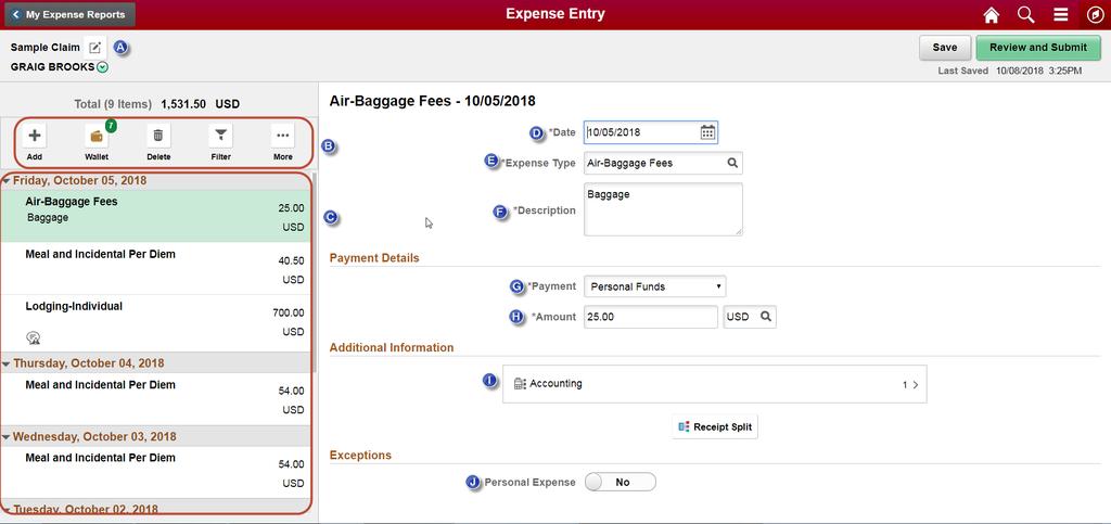 5. Enter the details of your expenses. A. The pencil/notepad icon returns you to the General Information screen. B. Expenses can be added, deleted, or filtered using the buttons above the left panel.