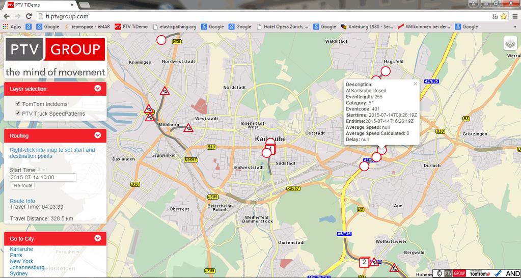 Figure 6: City focus Karlsruhe, Germany additional information Figure 5 shows traffic information details in Karlsruhe. Other cities like Paris can be directly selected.