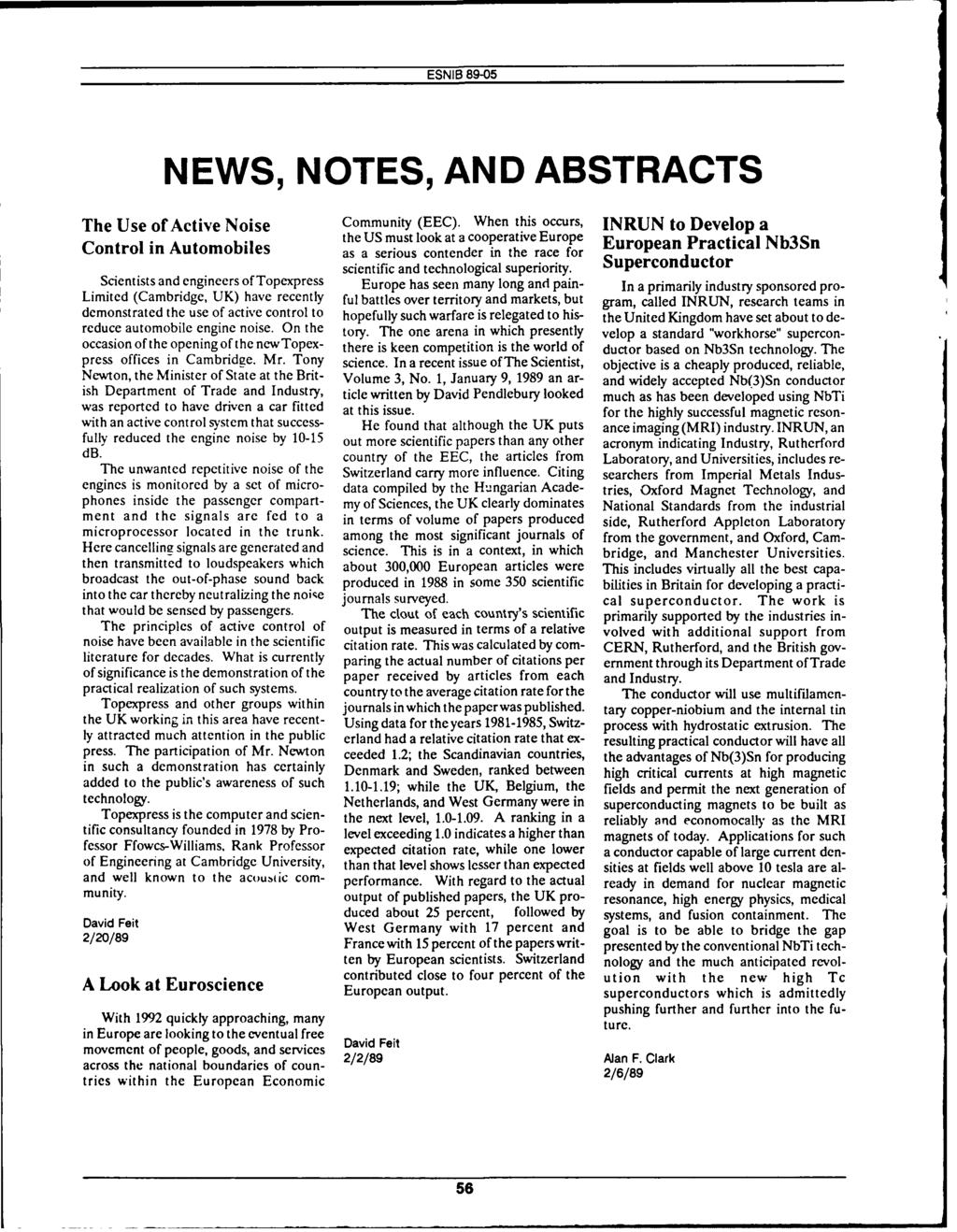 NEWS, NOTES, AND ABSTRACTS The Use of Active Noise Community (EEC).