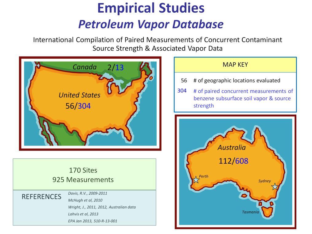 Map showing the number of geographic locations and soil vapor sample events (benzene) in the Petroleum Vapor Database (Davis, R.V., 2009, 2010, 2011).