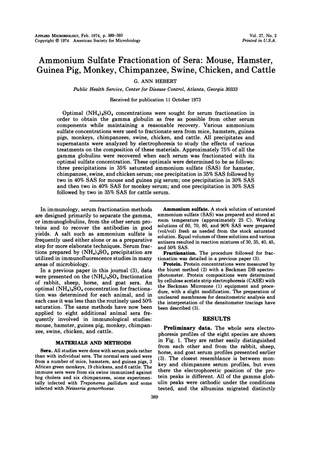 APuLED MICROBIOLoGY, Feb. 1974, p. 389-393 Copyright 0 1974 American Society for Microbiology Vol. 27, No. 2 Printed in U.SA.