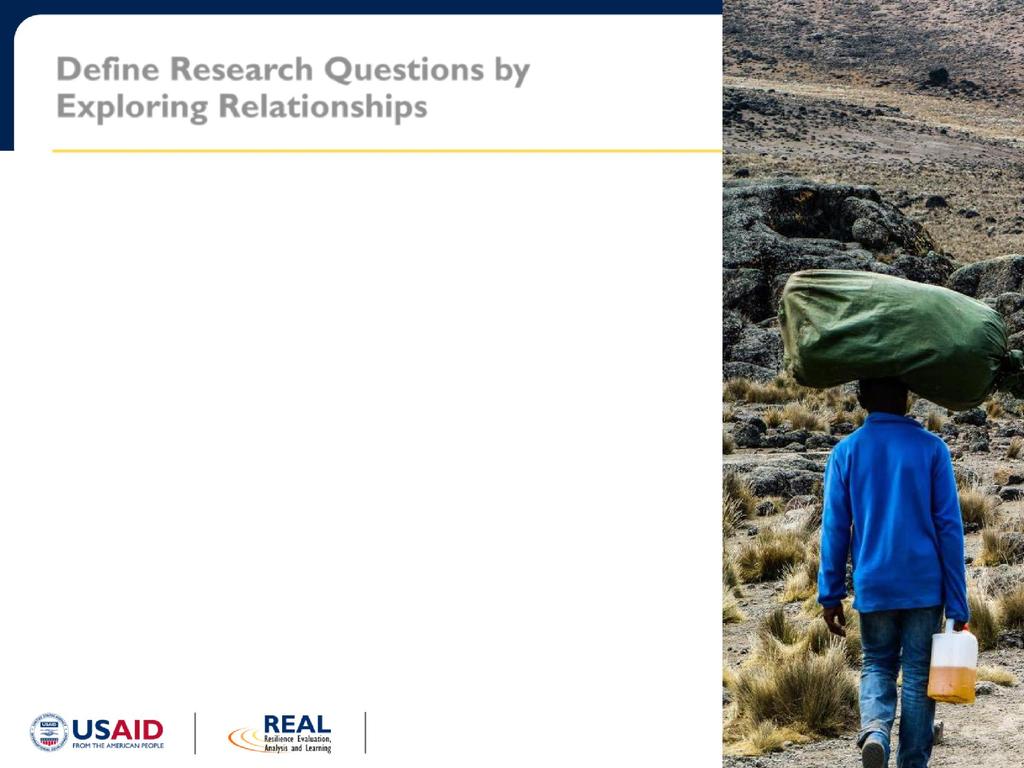Define Research Questions by Exploring Relationships A common research objective in resilience analysis is exploring relationships between shocks, resilience capacities, and well-being through a