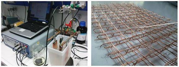 Figure 4: (left) galvanic cell - laboratory size, (right) copper coated textile wire structure The other possibility is to integrate a special brazing wire into the weaving process.