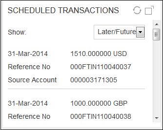 Scheduled Transactions 8. Scheduled Transactions This widget will display the transactions that will be executed on the user s accounts in the future.