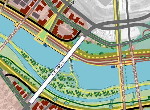 Urban Lake and I-30 Signature Bridge The location of the I-30 signature bridge span is an issue The proposed new ramping from downtown will not be able to line up in a manner to facilitate a