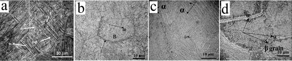 Fig. 3: Microstructure of the hardened samples per current: a)50, b)60, c)75,d)75 pulse. 3.1.