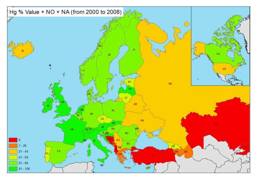 Completeness of sectoral (NFR09) reported data (from 2000 to 2008) - examples This maps show which
