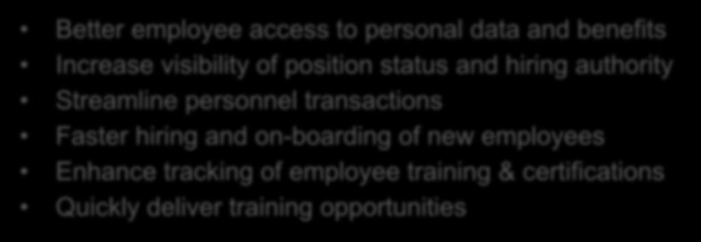 and on-boarding of new employees Enhance tracking of employee training & certifications Quickly