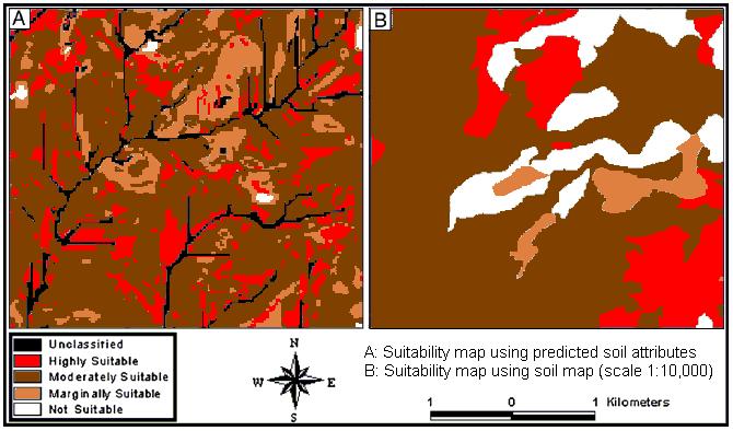 Example of application: suitability analysis Accuracy of the suitability classification derived from predicted soil attributes is comparable with those